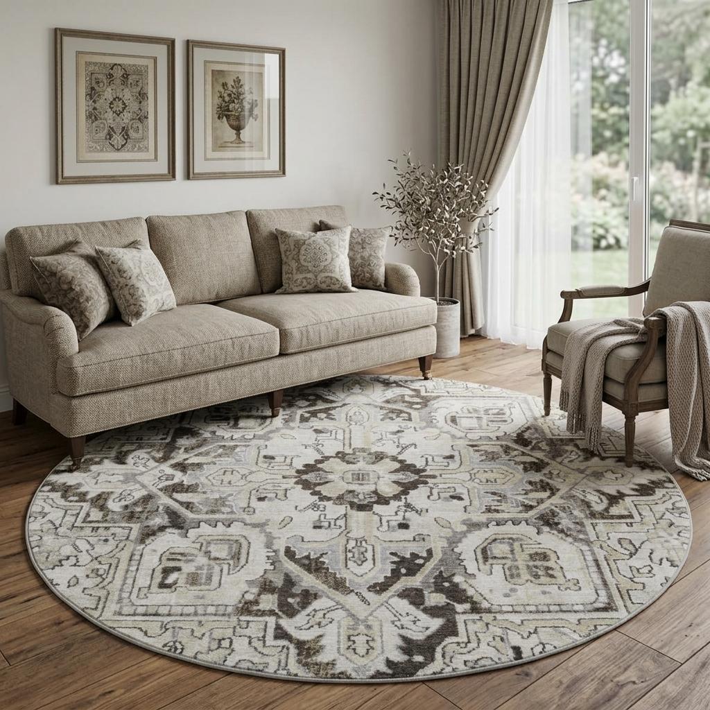8' Ivory And Cream Oriental Shag Washable Round Rug With UV Protection - HomeRoots - Flyclothing LLC
