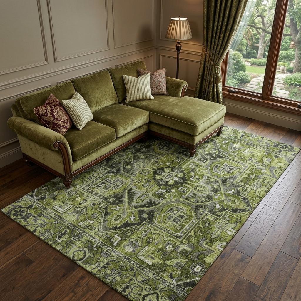8' X 10' Olive Green And Gray Oriental Shag Washable Area Rug With UV Protection - HomeRoots - Flyclothing LLC