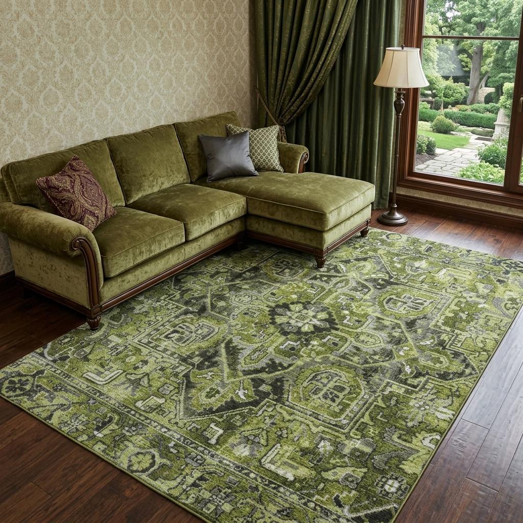 10' X 14' Olive Green And Gray Oriental Shag Washable Area Rug With UV Protection - HomeRoots - Flyclothing LLC