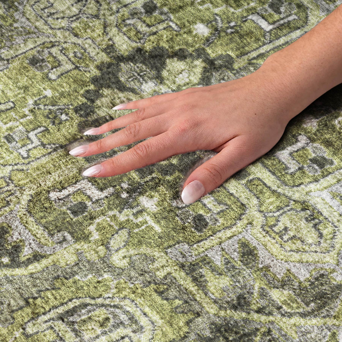10' X 14' Olive Green And Gray Oriental Shag Washable Area Rug With UV Protection - HomeRoots - Flyclothing LLC