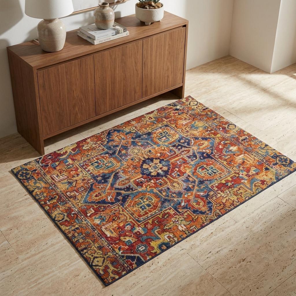 3' X 5' Orange And Navy Blue Oriental Shag Washable Area Rug With UV Protection - HomeRoots - Flyclothing LLC