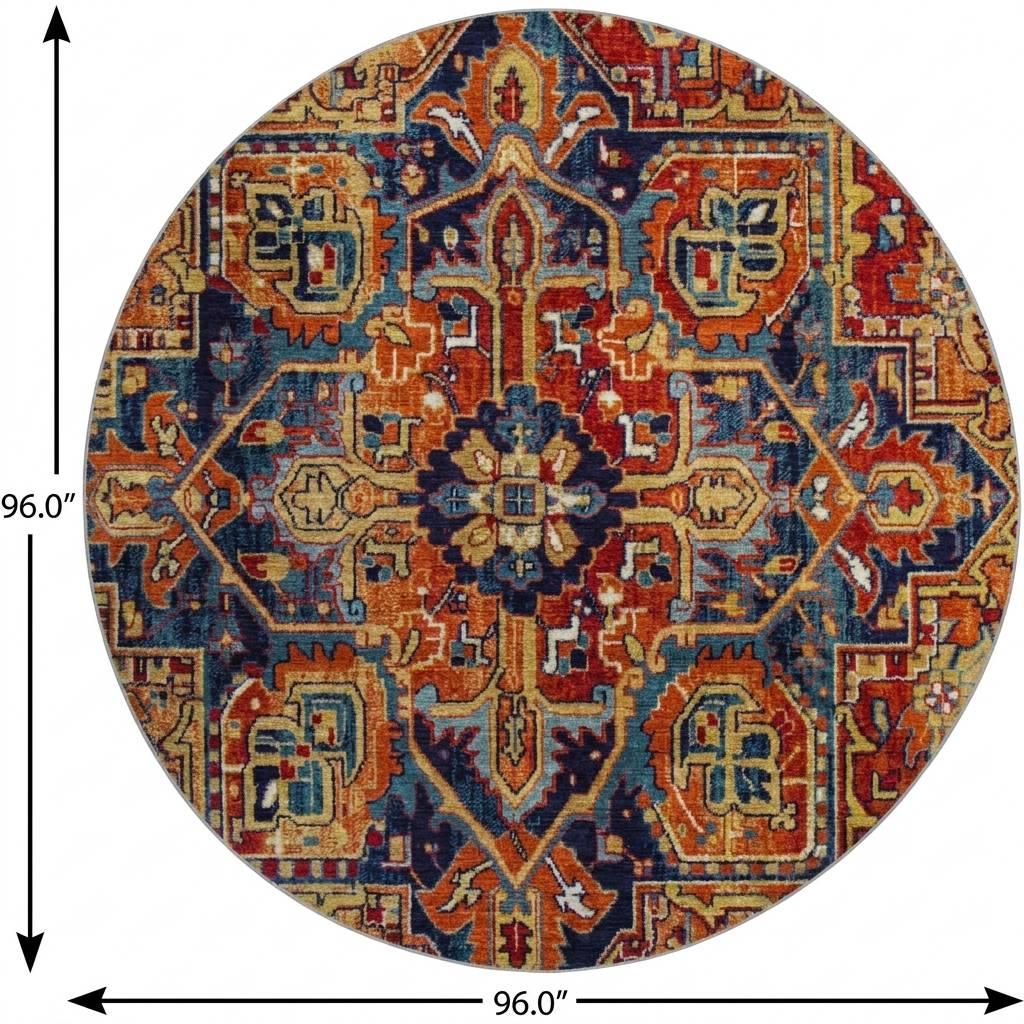 8' Orange And Navy Blue Oriental Shag Washable Round Rug With UV Protection - HomeRoots - Flyclothing LLC