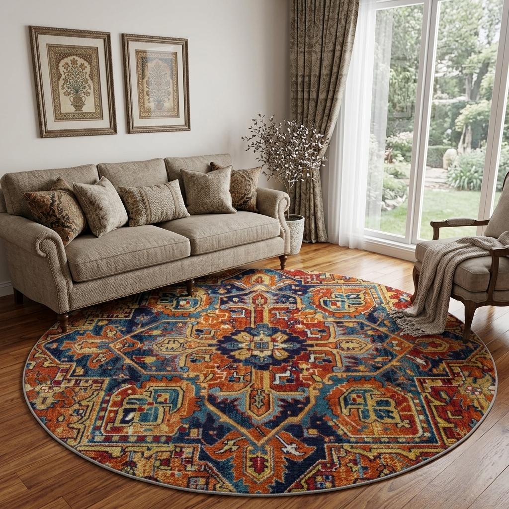 8' Orange And Navy Blue Oriental Shag Washable Round Rug With UV Protection - HomeRoots - Flyclothing LLC