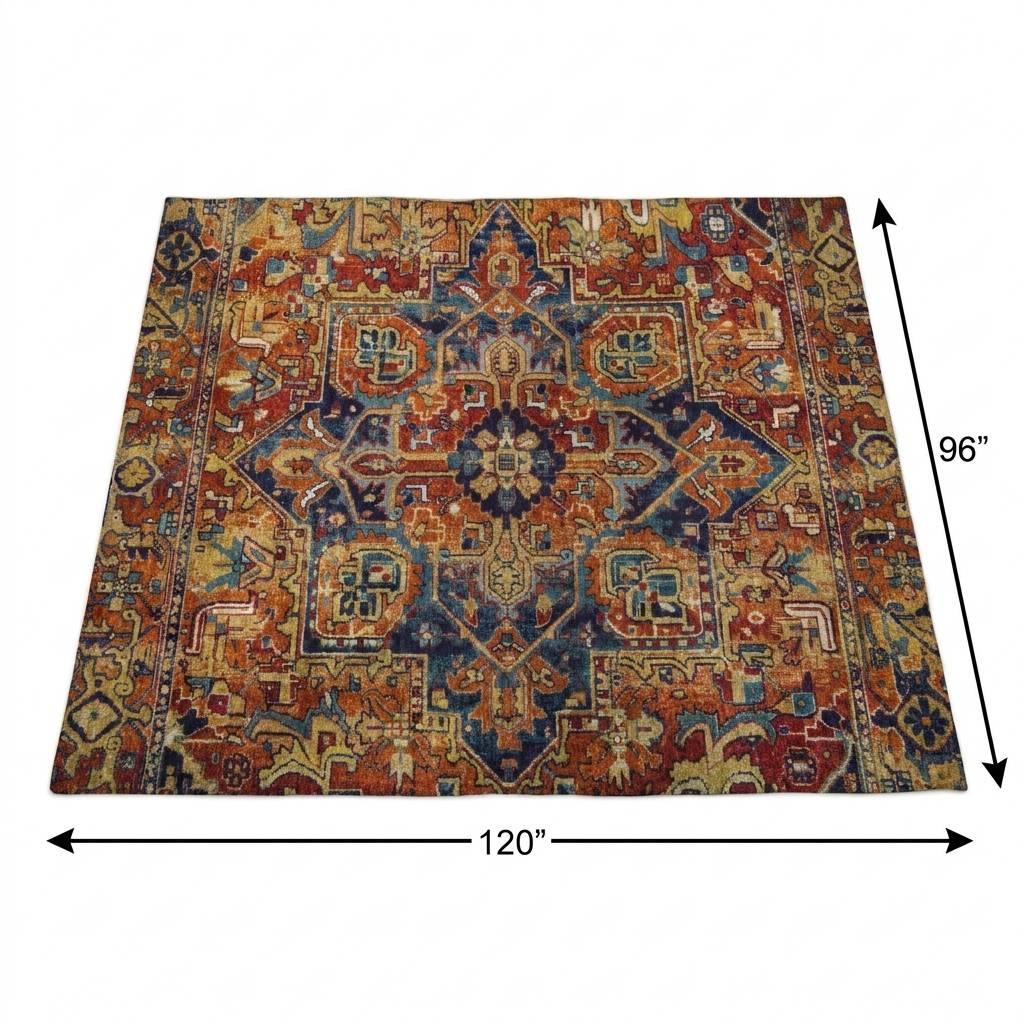 8' X 10' Orange And Navy Blue Oriental Shag Washable Area Rug With UV Protection - HomeRoots - Flyclothing LLC