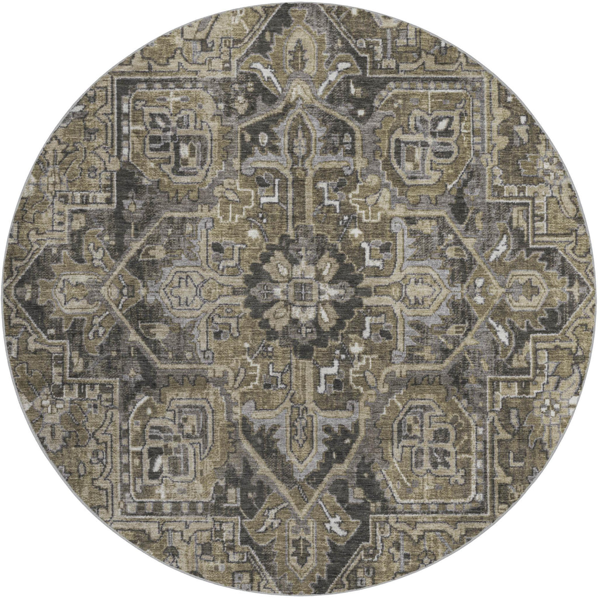 8' Taupe And Beige Oriental Shag Washable Round Rug With UV Protection - HomeRoots - Flyclothing LLC