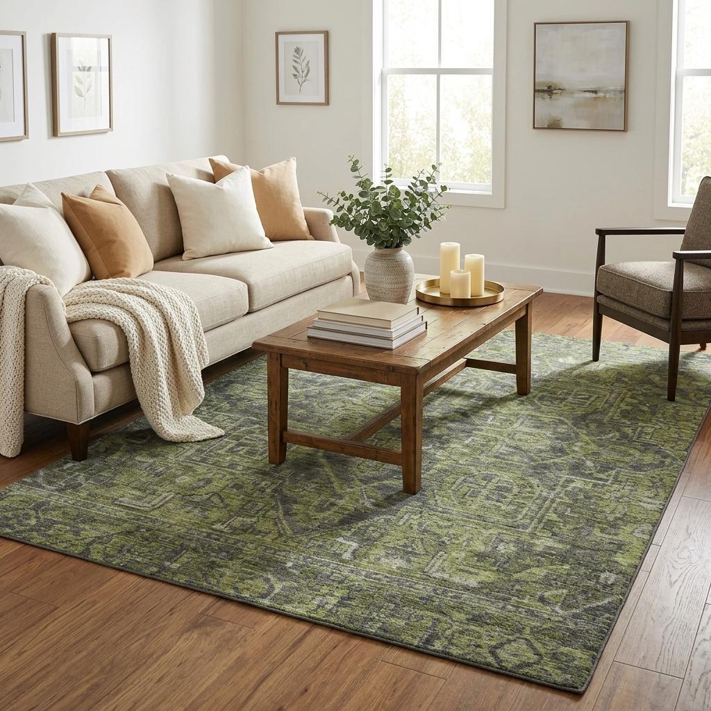 5' X 8' Green And Gray Oriental Shag Washable Area Rug With UV Protection - HomeRoots - Flyclothing LLC