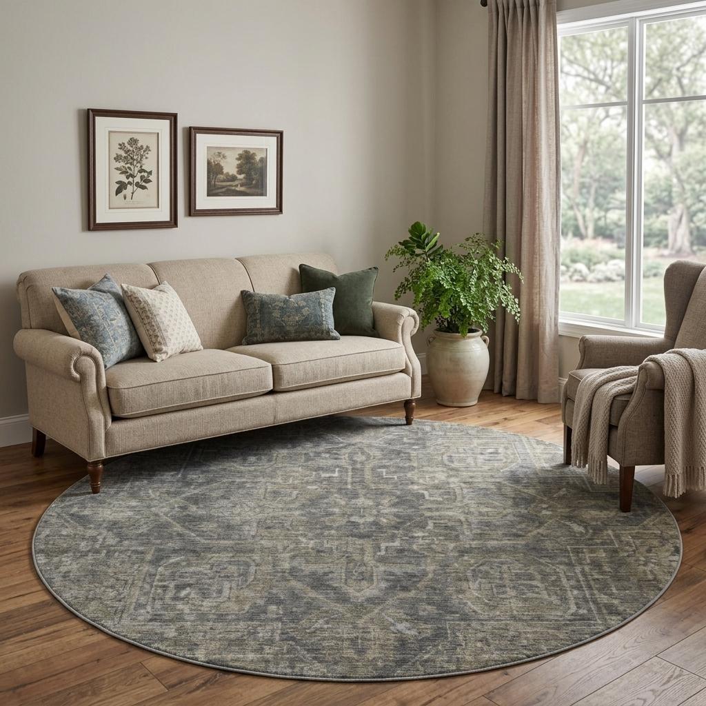 8' Brown And Beige Oriental Shag Washable Round Rug With UV Protection - HomeRoots - Flyclothing LLC