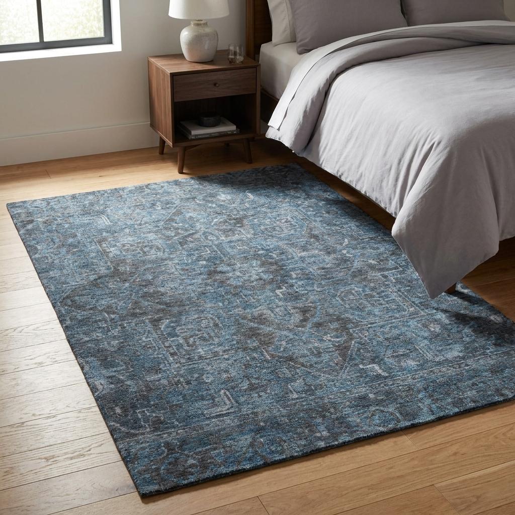 3' X 5' Navy Blue And Gray Oriental Shag Washable Area Rug With UV Protection - HomeRoots - Flyclothing LLC