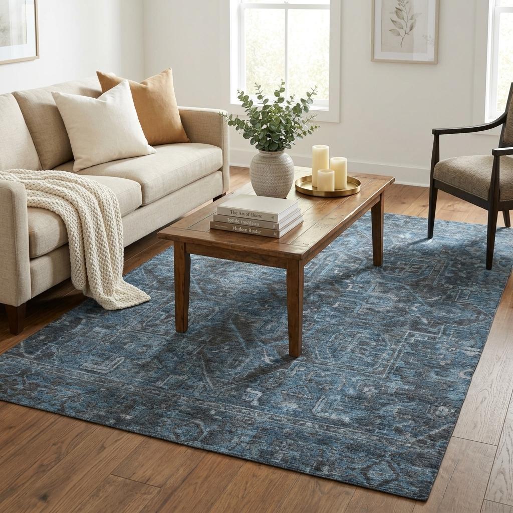 5' X 8' Navy Blue And Gray Oriental Shag Washable Area Rug With UV Protection - HomeRoots - Flyclothing LLC