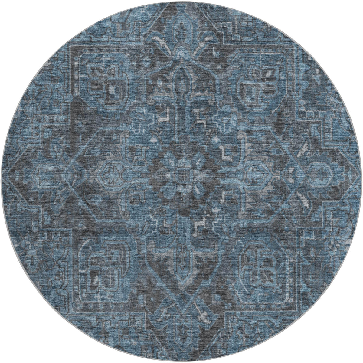 8' Navy Blue And Gray Oriental Shag Washable Round Rug With UV Protection - HomeRoots - Flyclothing LLC