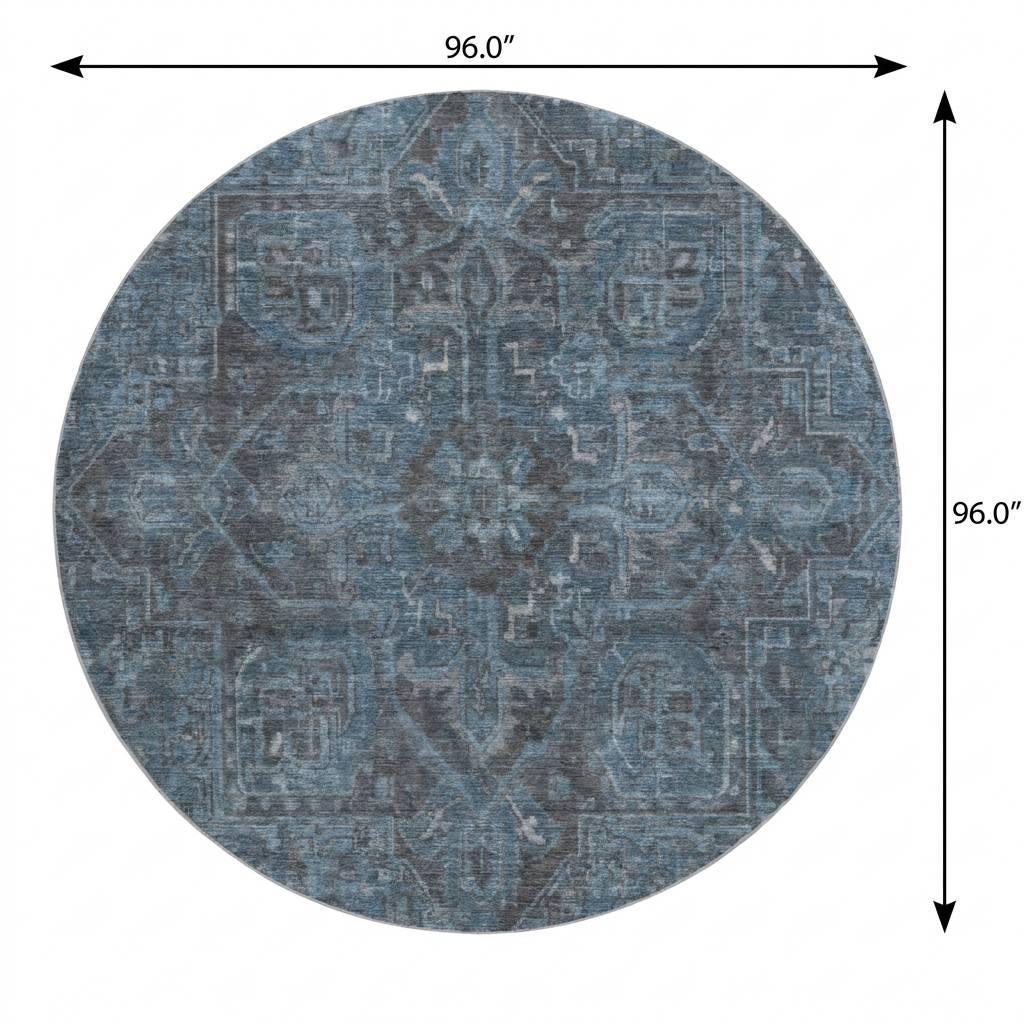8' Navy Blue And Gray Oriental Shag Washable Round Rug With UV Protection - HomeRoots - Flyclothing LLC