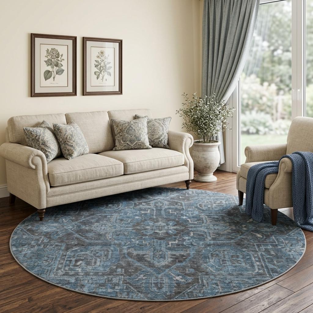 8' Navy Blue And Gray Oriental Shag Washable Round Rug With UV Protection - HomeRoots - Flyclothing LLC