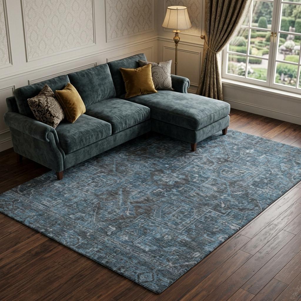9' X 12' Navy Blue And Gray Oriental Shag Washable Area Rug With UV Protection - HomeRoots - Flyclothing LLC