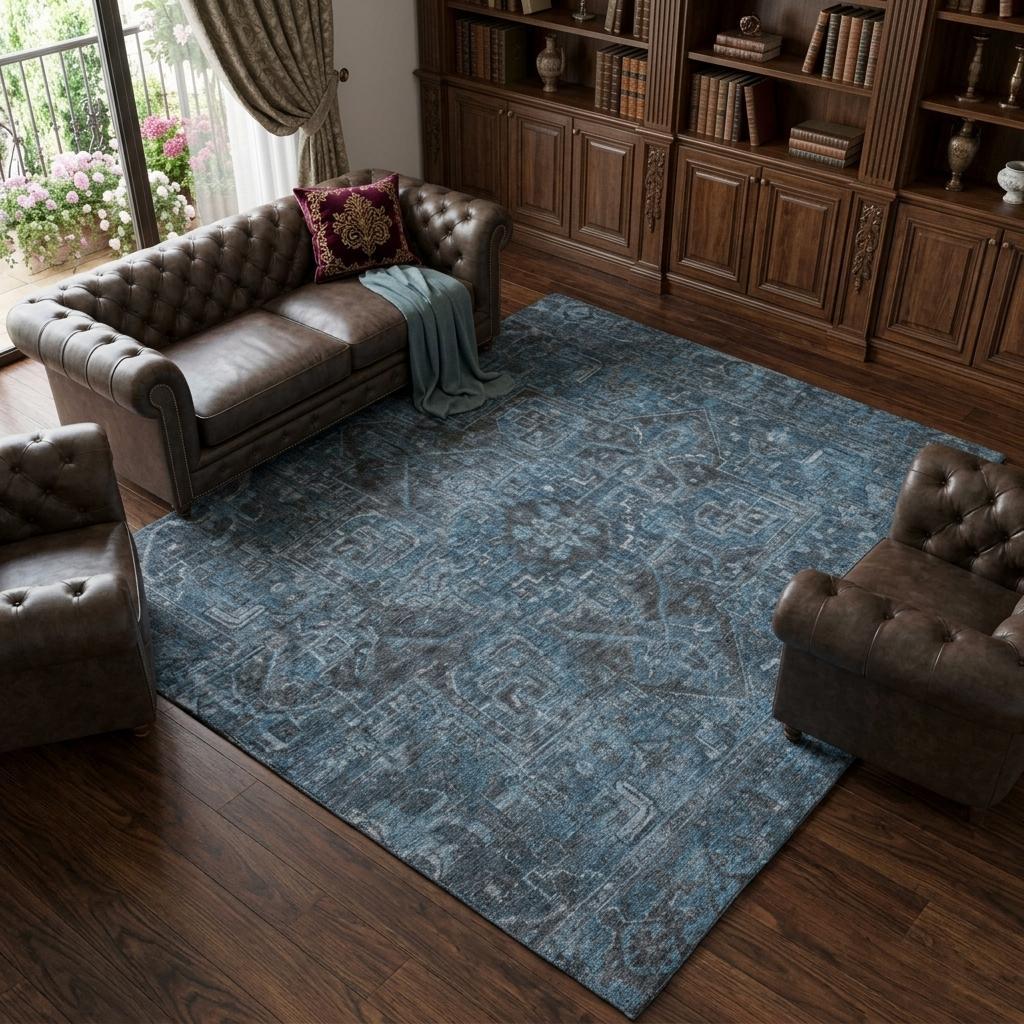 10' X 14' Navy Blue And Gray Oriental Shag Washable Area Rug With UV Protection - HomeRoots - Flyclothing LLC
