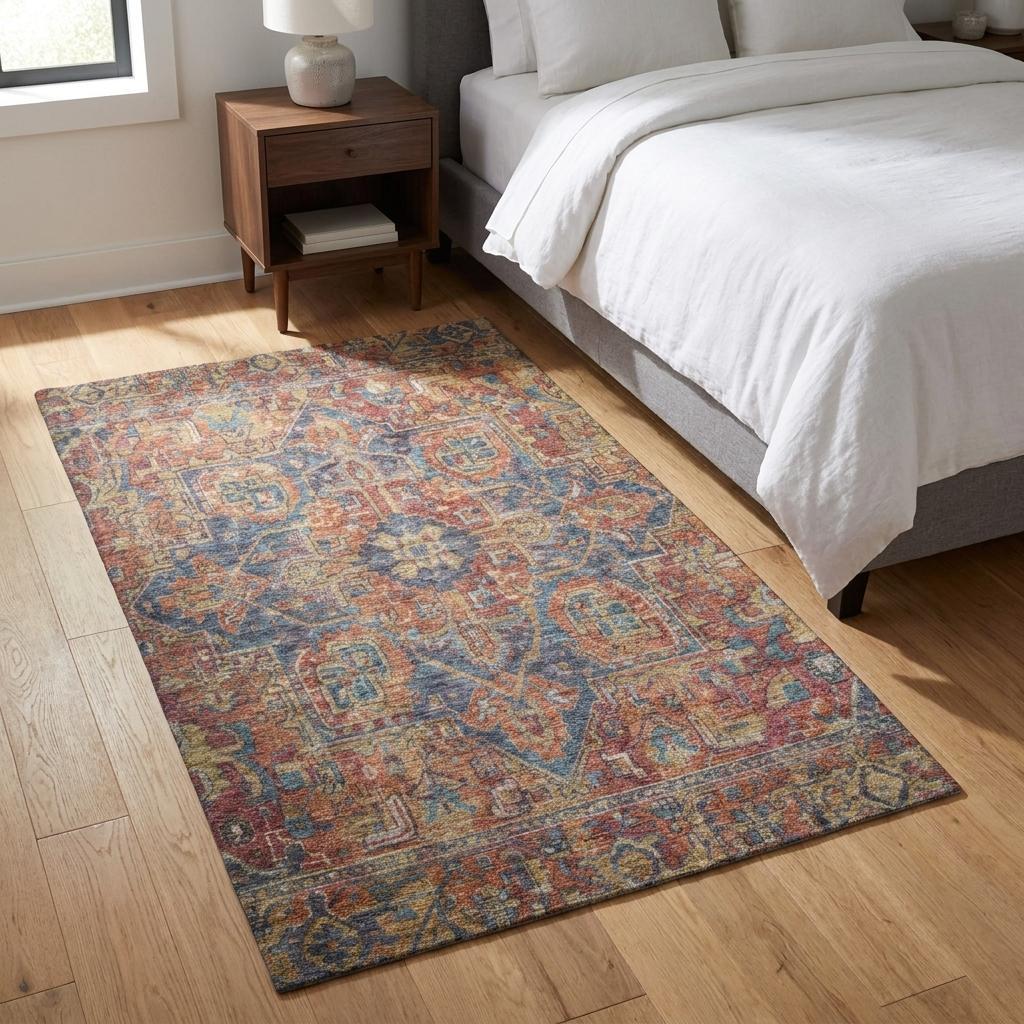 3' X 5' Red And Navy Blue Oriental Shag Washable Area Rug With UV Protection - HomeRoots - Flyclothing LLC