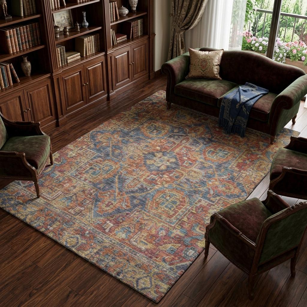 8' X 10' Red And Navy Blue Oriental Shag Washable Area Rug With UV Protection - HomeRoots - Flyclothing LLC
