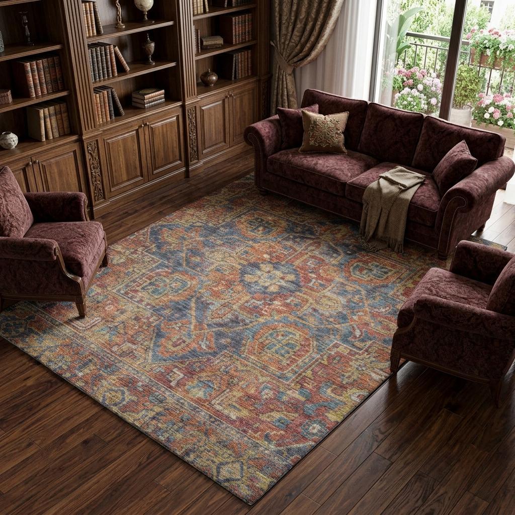 10' X 14' Red And Navy Blue Oriental Shag Washable Area Rug With UV Protection - HomeRoots - Flyclothing LLC