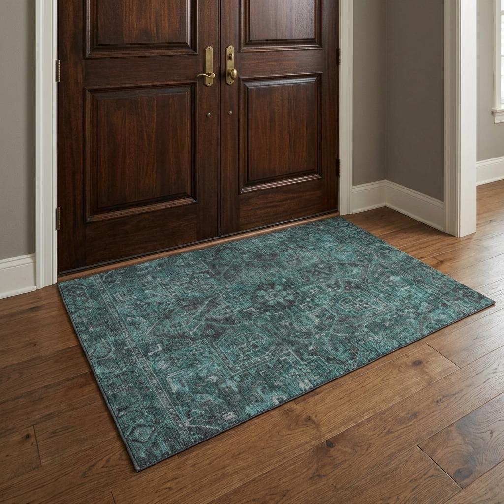 3' X 5' Turquoise And Charcoal Oriental Shag Washable Area Rug With UV Protection - HomeRoots - Flyclothing LLC