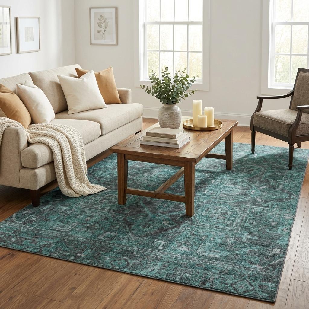 5' X 8' Turquoise And Charcoal Oriental Shag Washable Area Rug With UV Protection - HomeRoots - Flyclothing LLC
