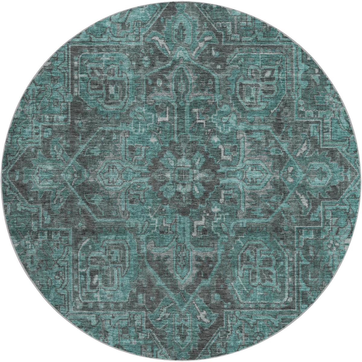 8' Turquoise And Charcoal Oriental Shag Washable Round Rug With UV Protection - HomeRoots - Flyclothing LLC