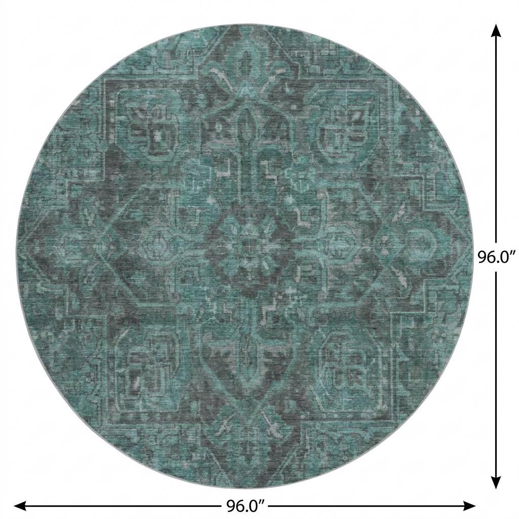 8' Turquoise And Charcoal Oriental Shag Washable Round Rug With UV Protection - HomeRoots - Flyclothing LLC