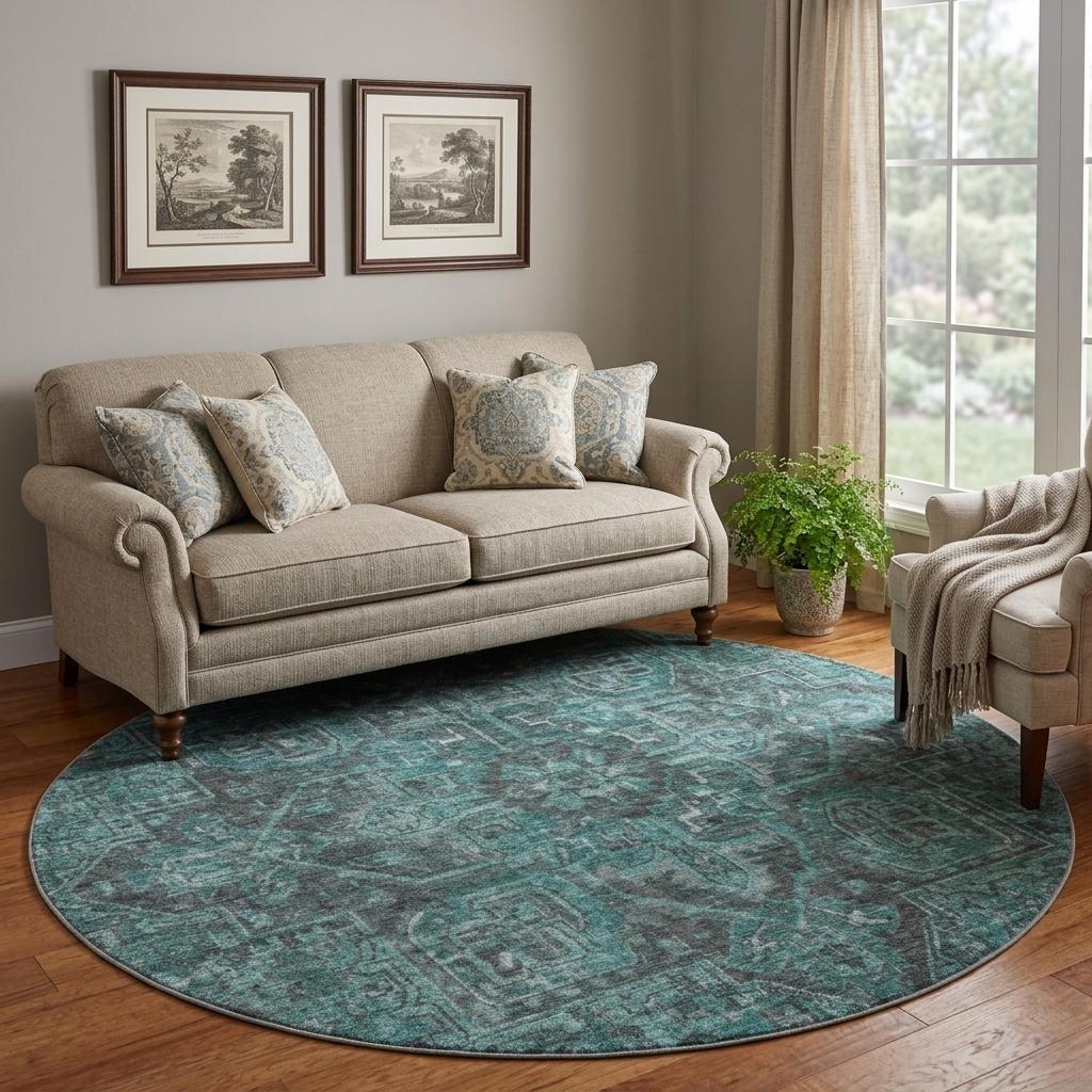 8' Turquoise And Charcoal Oriental Shag Washable Round Rug With UV Protection - HomeRoots - Flyclothing LLC