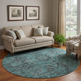 8' Turquoise And Charcoal Oriental Shag Washable Round Rug With UV Protection - HomeRoots - Flyclothing LLC