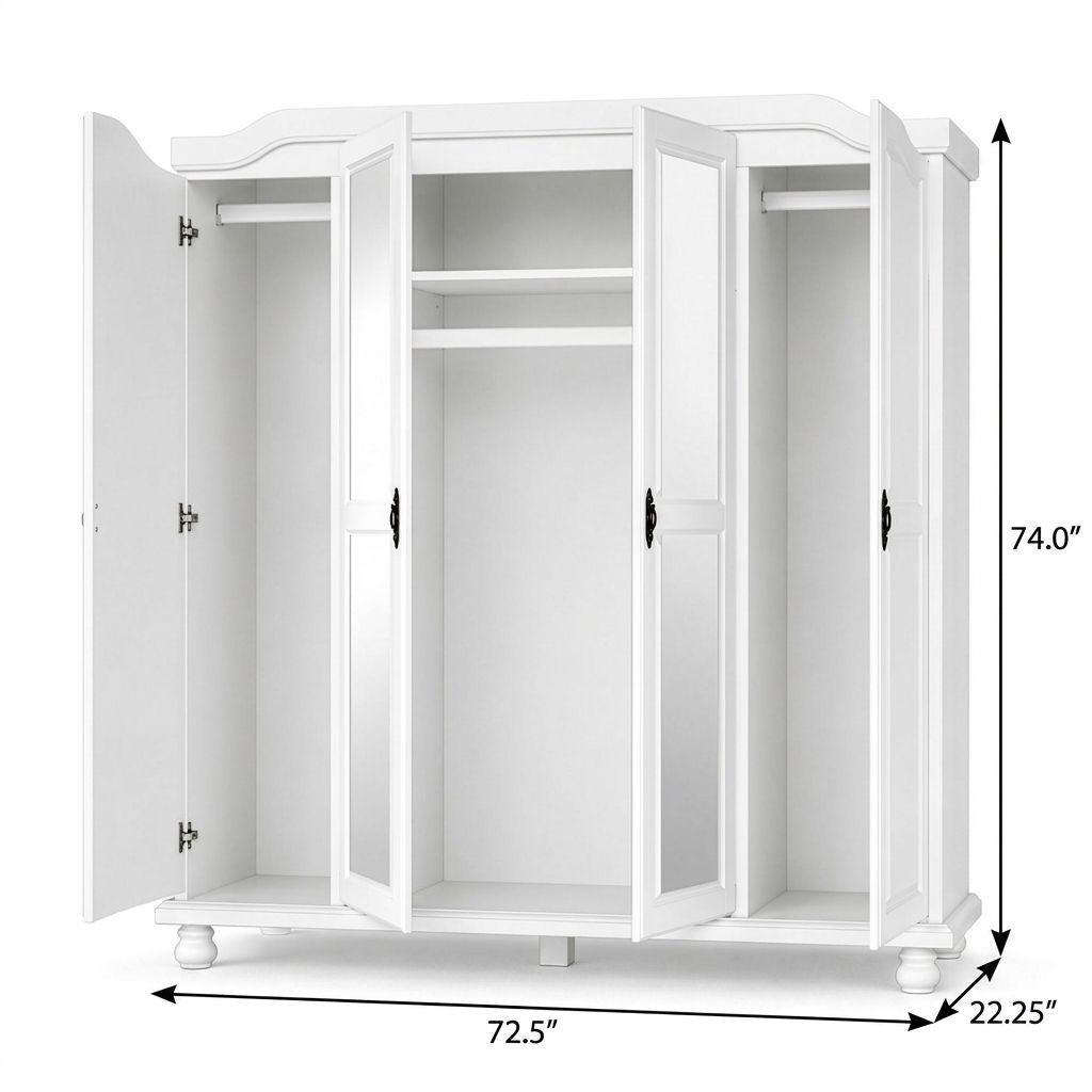 74" White Solid Wood Mirrored Four Door Combo Dresser - HomeRoots - Flyclothing LLC