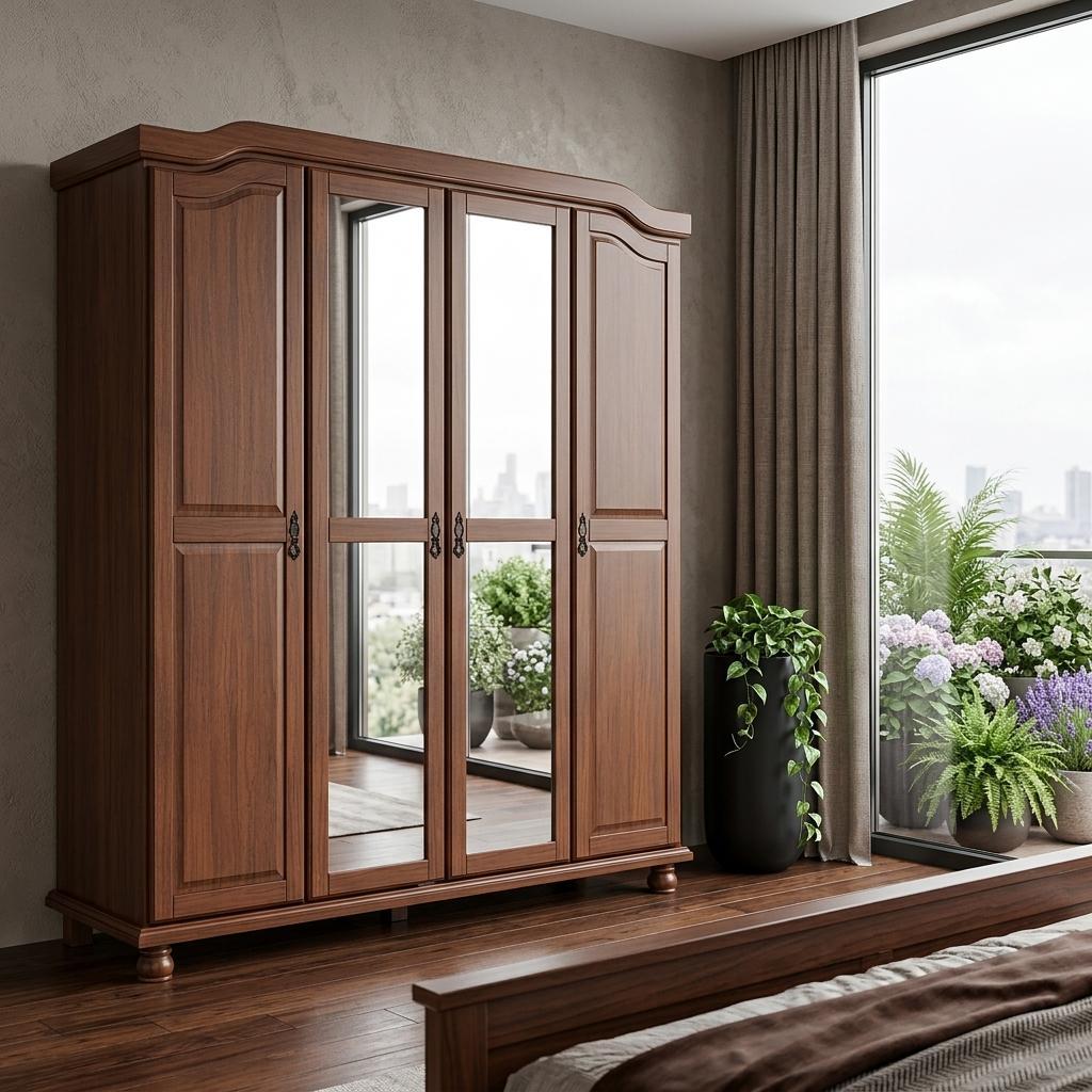 74" Coffee Solid Wood Mirrored Four Door Combo Dresser - HomeRoots - Flyclothing LLC