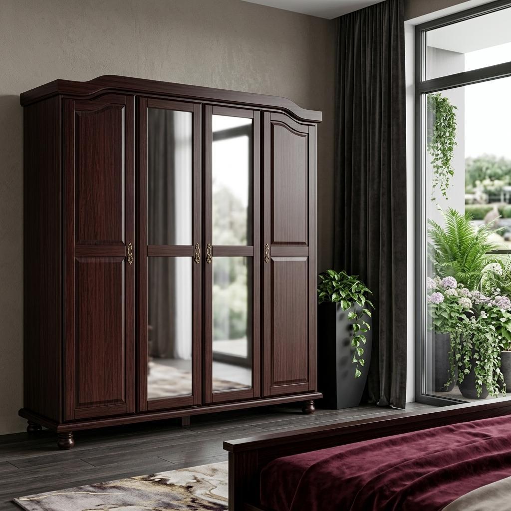 74" Dark Brown Solid Wood Mirrored Four Door Combo Dresser - HomeRoots - Flyclothing LLC