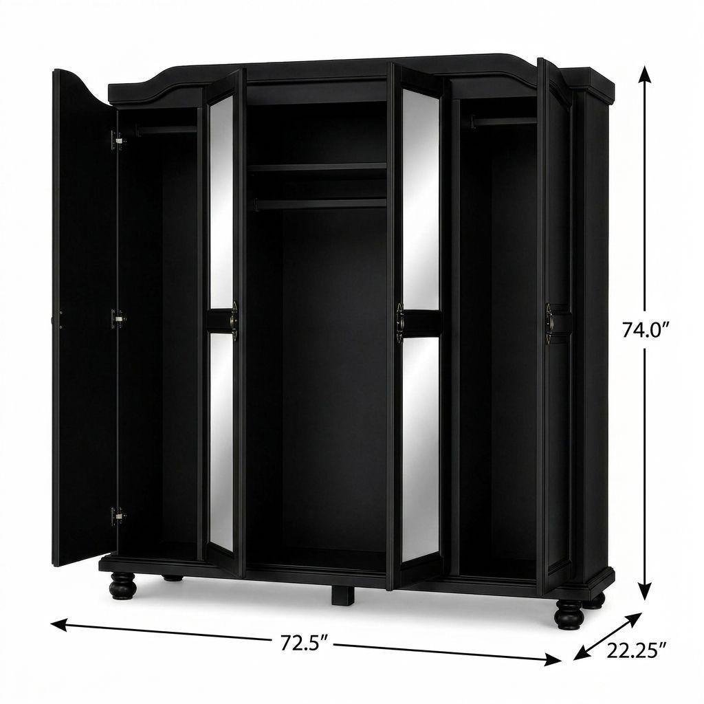 74" Black Solid Wood Mirrored Four Door Combo Dresser - HomeRoots - Flyclothing LLC