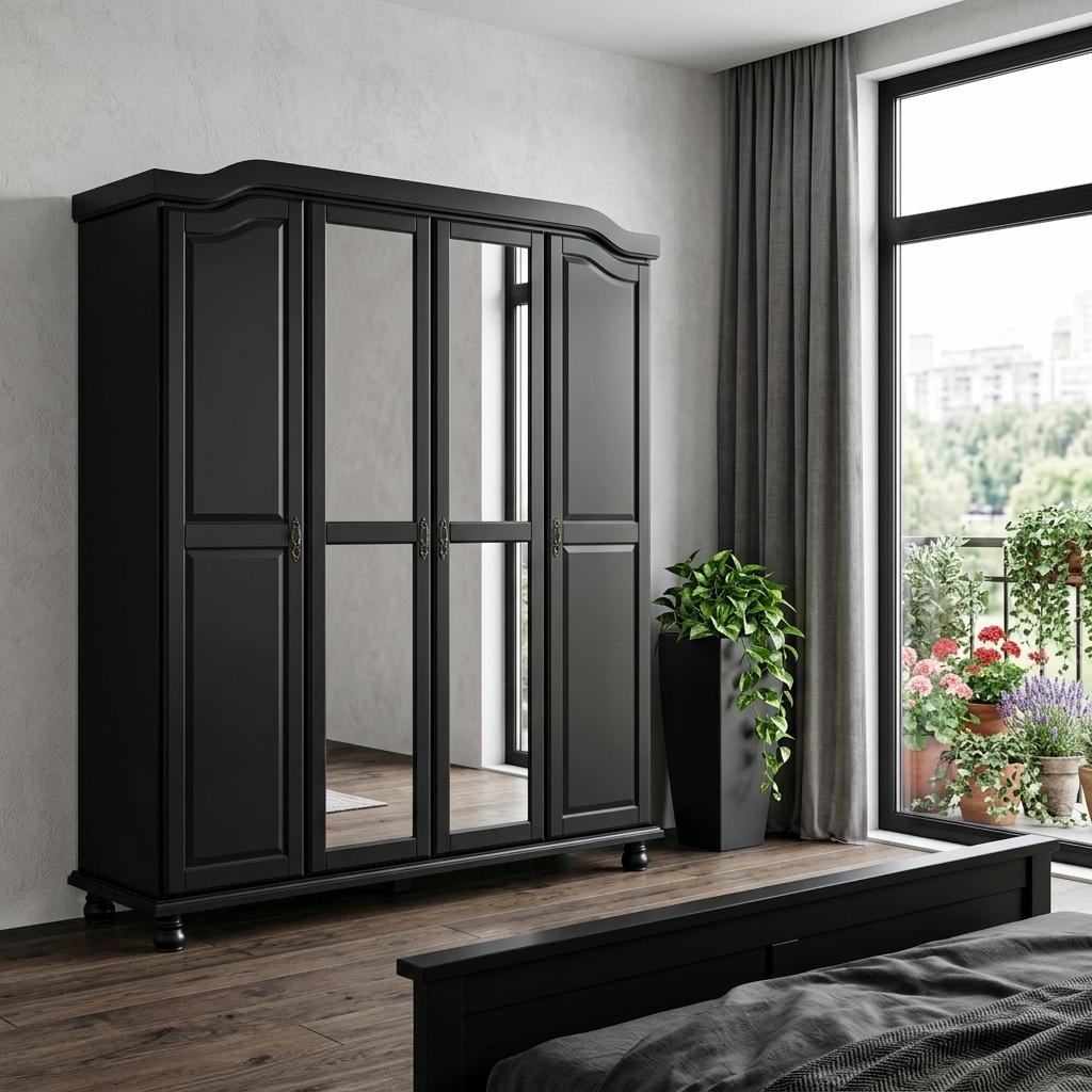 74" Black Solid Wood Mirrored Four Door Combo Dresser - HomeRoots - Flyclothing LLC