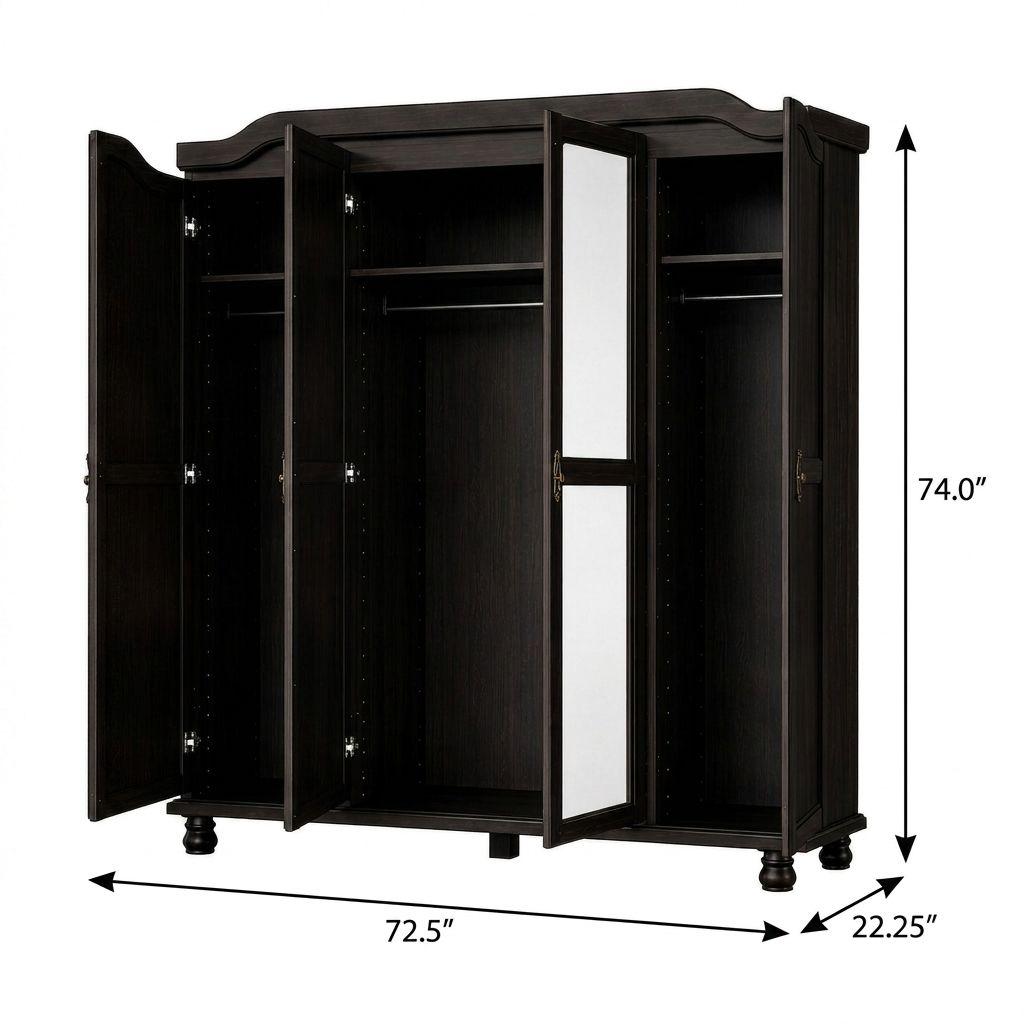 74" Espresso Solid Wood Mirrored Four Door Combo Dresser - HomeRoots - Flyclothing LLC