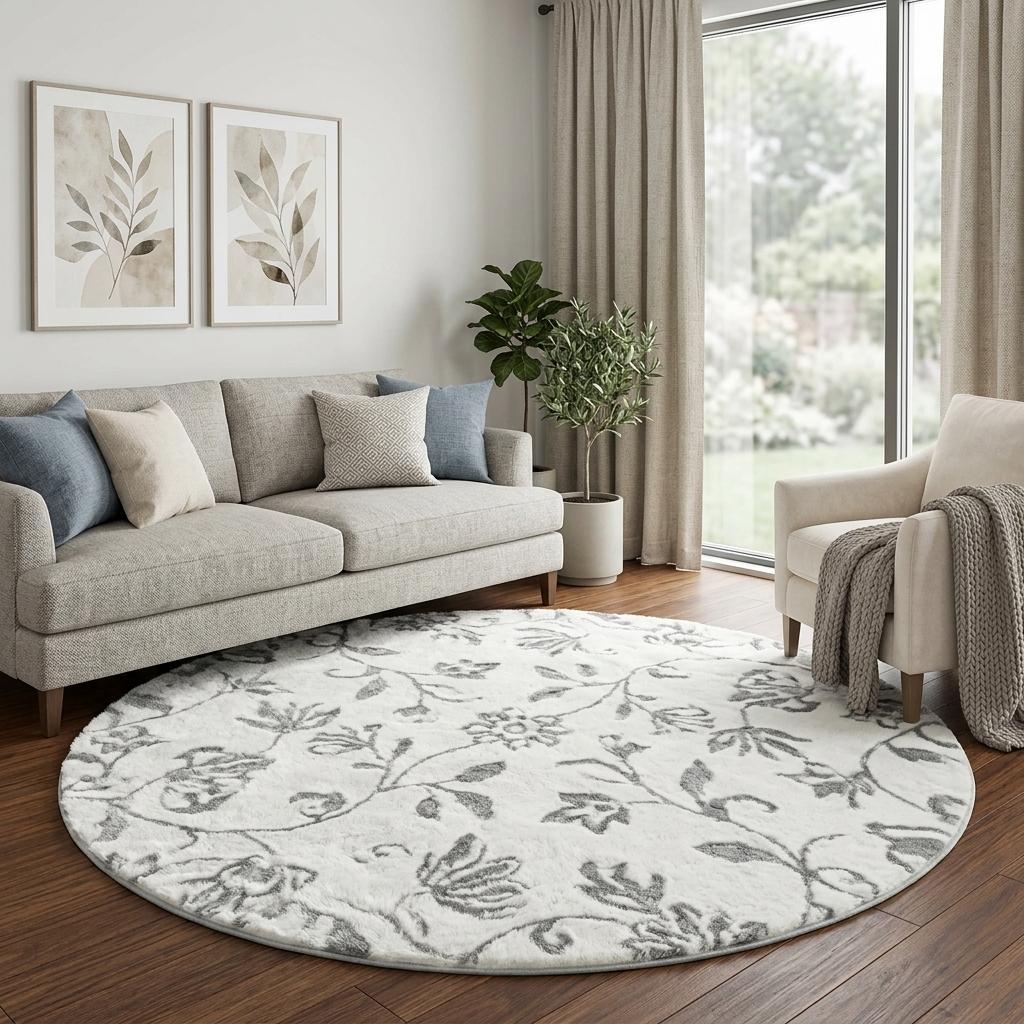 8' Beige And Cream Floral Vines Shag Washable Round Rug With UV Protection - HomeRoots - Flyclothing LLC
