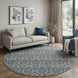 8' Blue And Navy Blue Floral Vines Shag Washable Round Rug With UV Protection - HomeRoots - Flyclothing LLC