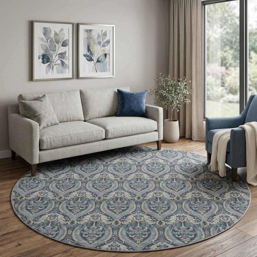 8' Blue And Navy Blue Floral Vines Shag Washable Round Rug With UV Protection - HomeRoots - Flyclothing LLC