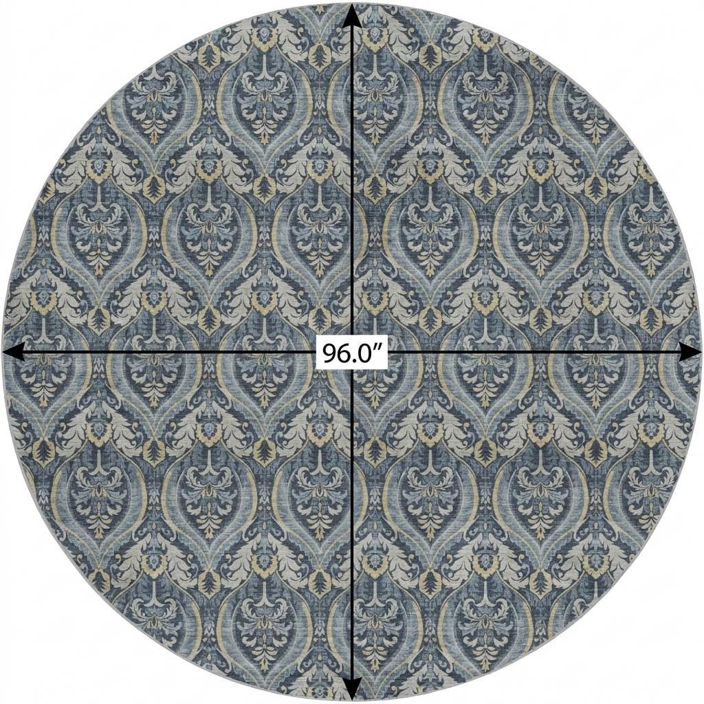 8' Blue And Navy Blue Floral Vines Shag Washable Round Rug With UV Protection - HomeRoots - Flyclothing LLC