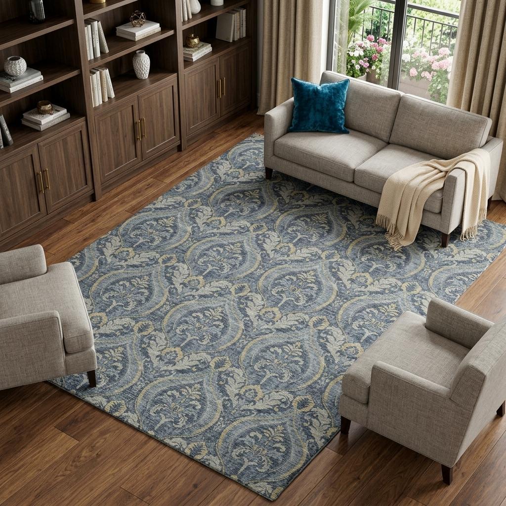 9' X 12' Blue And Navy Blue Floral Vines Shag Washable Area Rug With UV Protection - HomeRoots - Flyclothing LLC