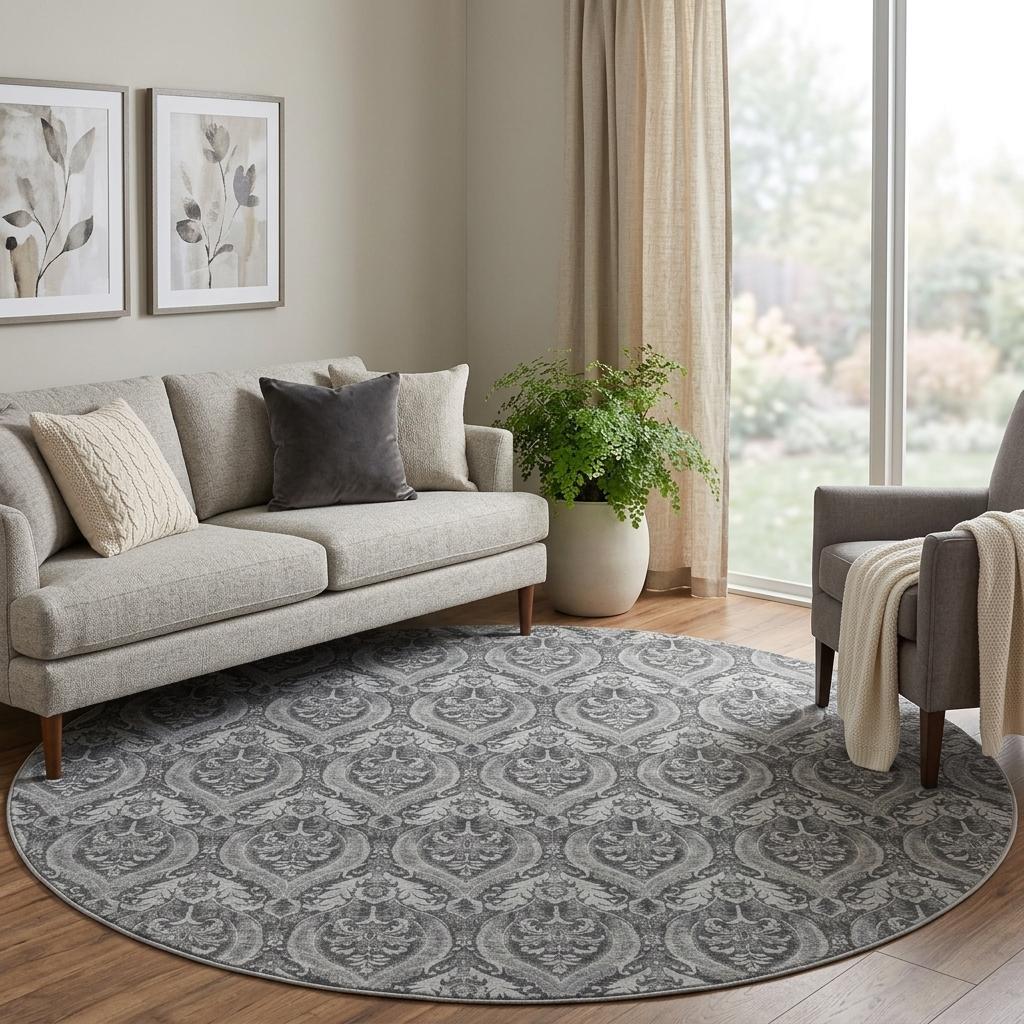 8' Gray And Silver Floral Vines Shag Washable Round Rug With UV Protection - HomeRoots - Flyclothing LLC
