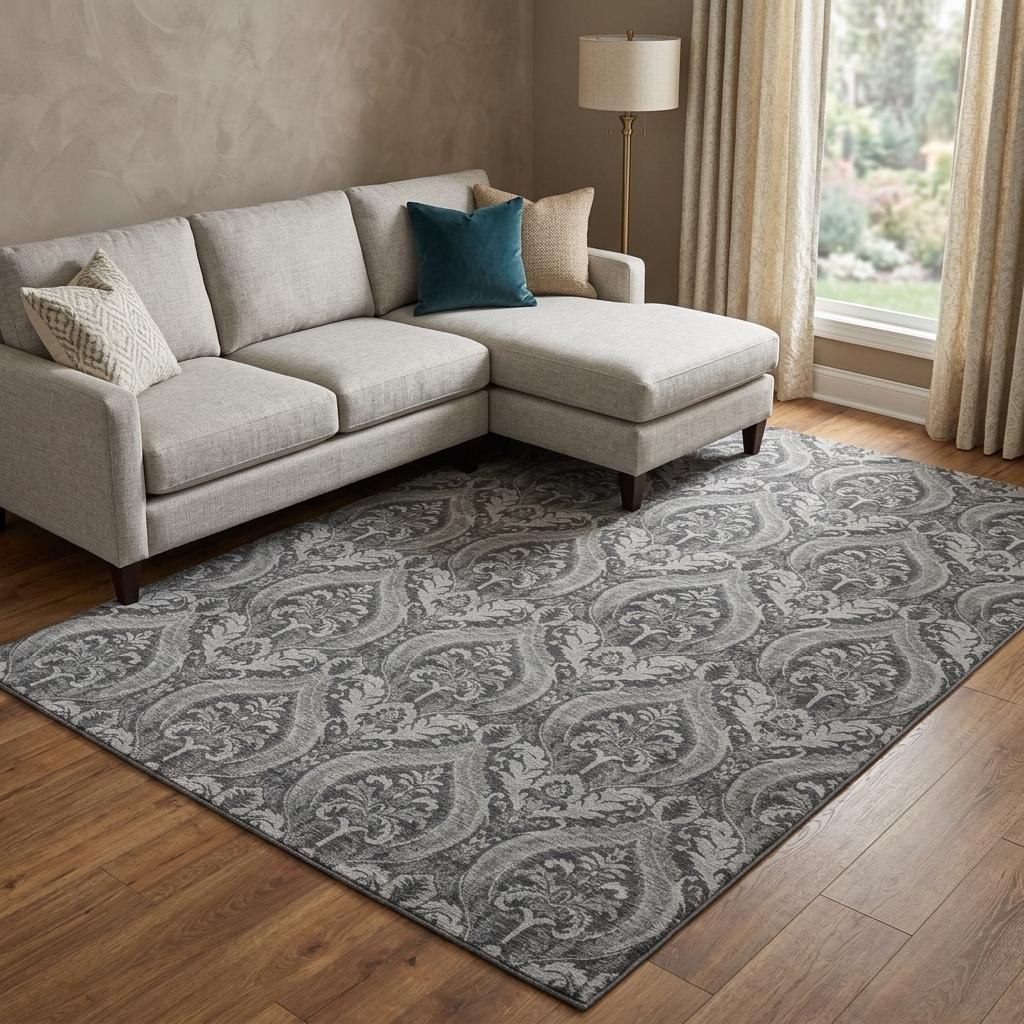 8' X 10' Gray And Silver Floral Vines Shag Washable Area Rug With UV Protection - HomeRoots - Flyclothing LLC