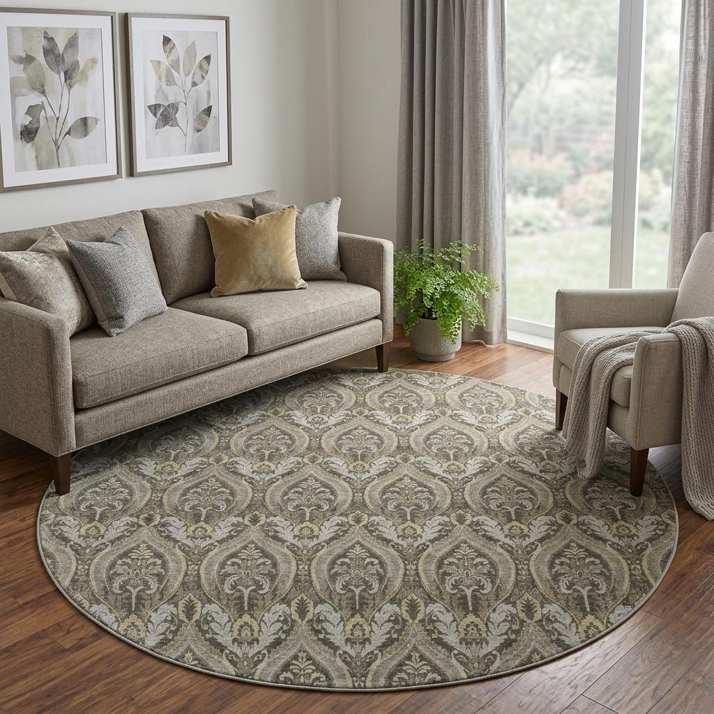8' Taupe And Beige Floral Vines Shag Washable Round Rug With UV Protection - HomeRoots - Flyclothing LLC
