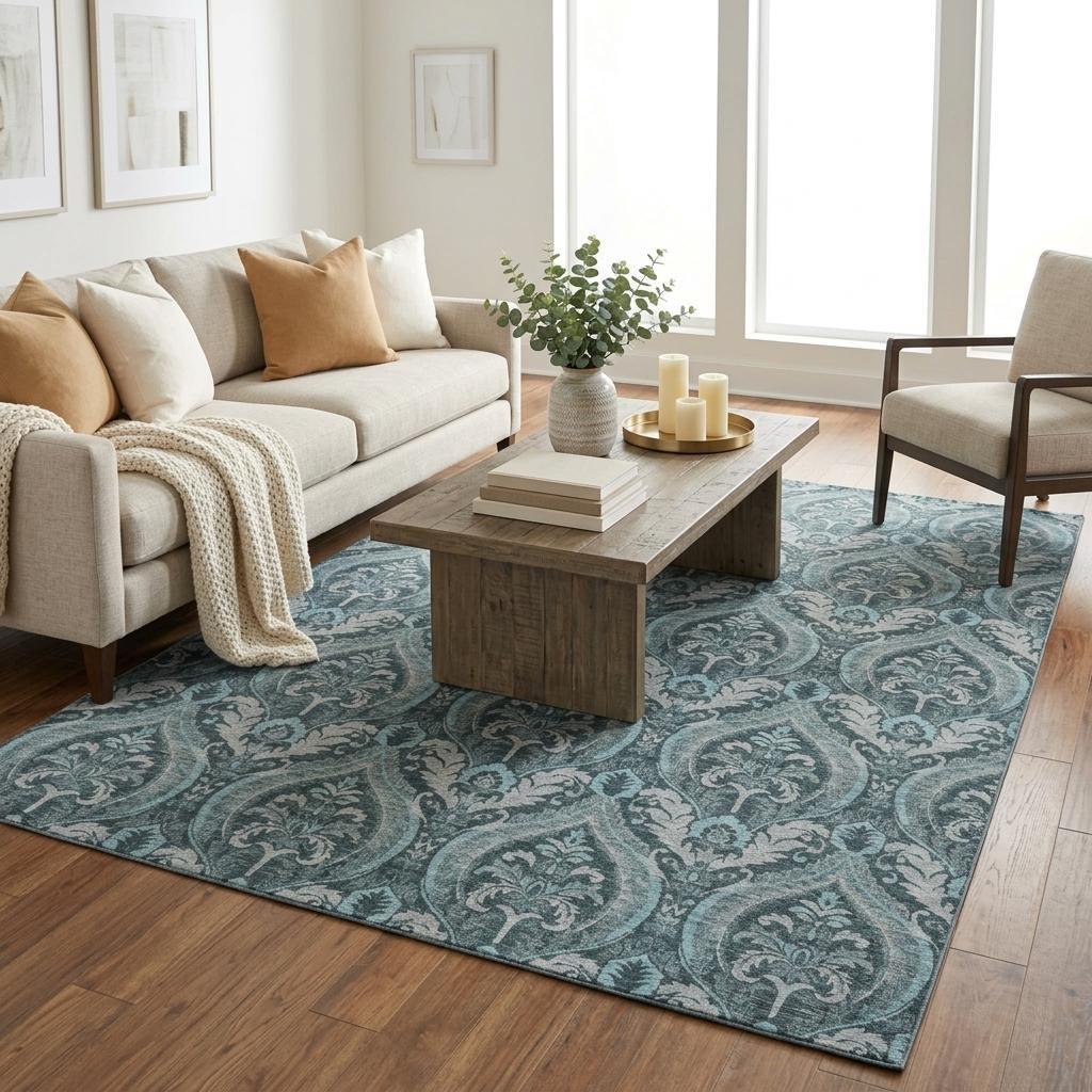 5' X 8' Teal And Gray Floral Vines Shag Washable Area Rug With UV Protection - HomeRoots - Flyclothing LLC