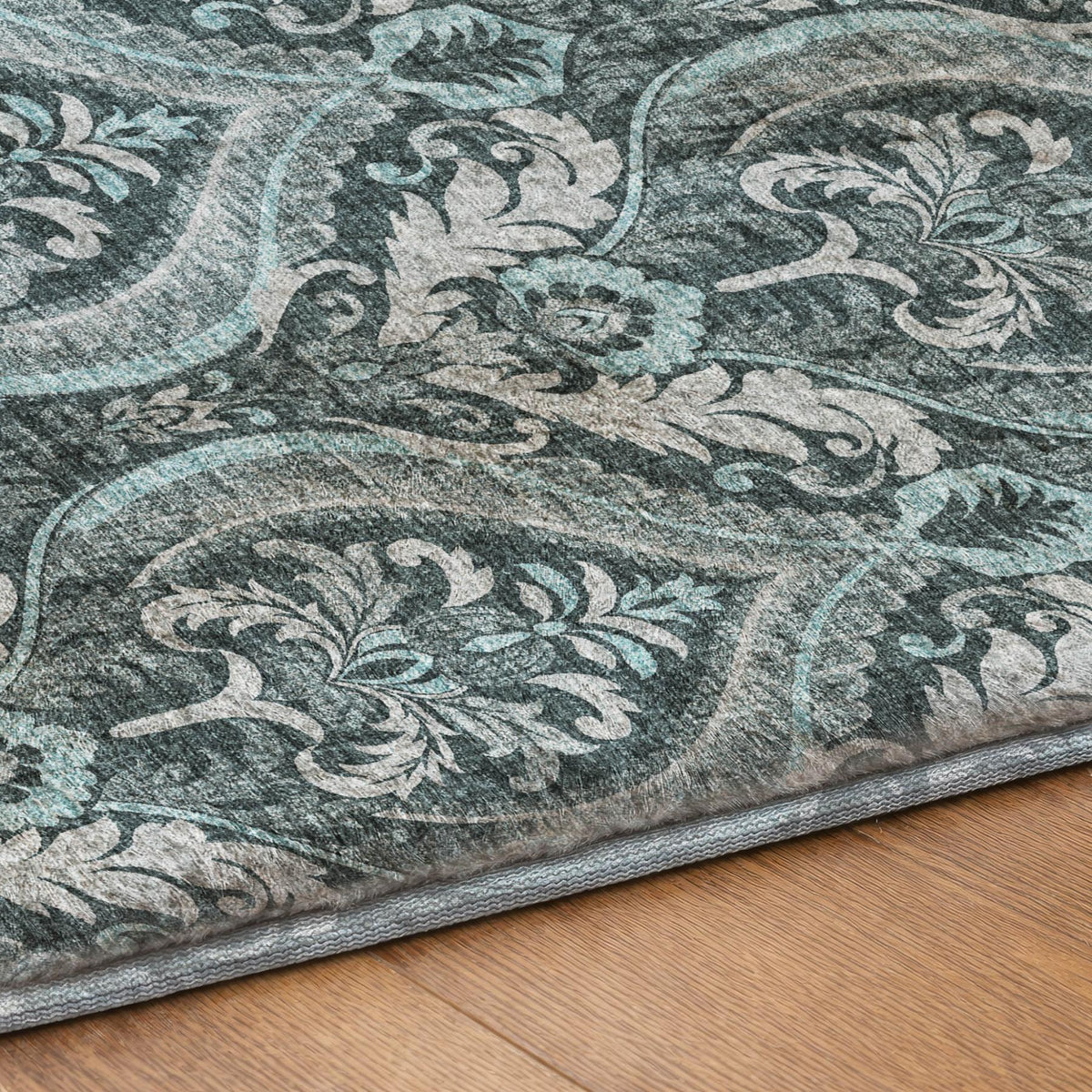 8' Teal And Gray Floral Vines Shag Washable Round Rug With UV Protection - HomeRoots - Flyclothing LLC