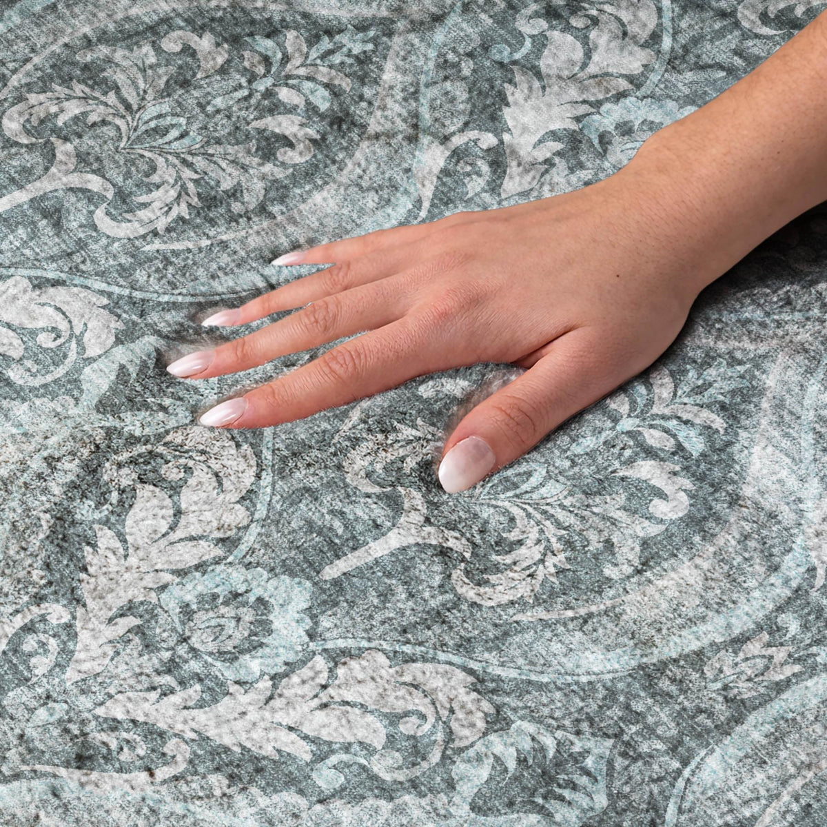 8' Teal And Gray Floral Vines Shag Washable Round Rug With UV Protection - HomeRoots - Flyclothing LLC