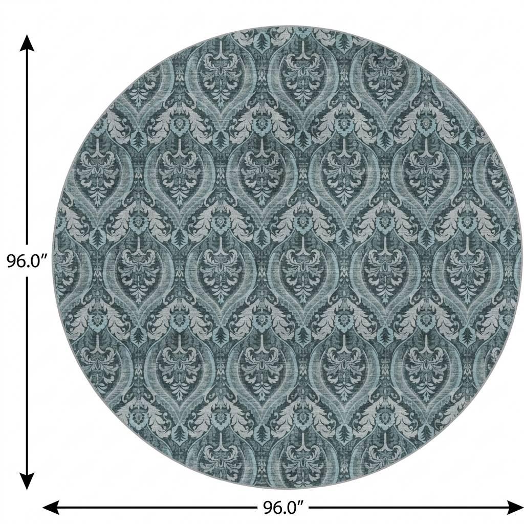 8' Teal And Gray Floral Vines Shag Washable Round Rug With UV Protection - HomeRoots - Flyclothing LLC