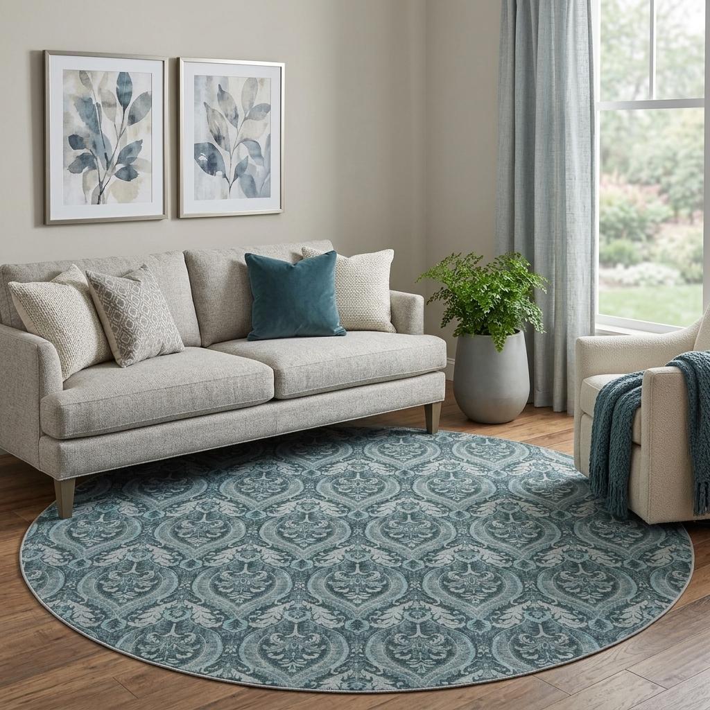 8' Teal And Gray Floral Vines Shag Washable Round Rug With UV Protection - HomeRoots - Flyclothing LLC