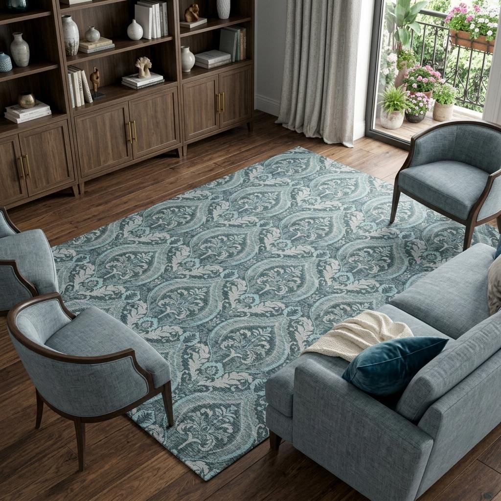 10' X 14' Teal And Gray Floral Vines Shag Washable Area Rug With UV Protection - HomeRoots - Flyclothing LLC