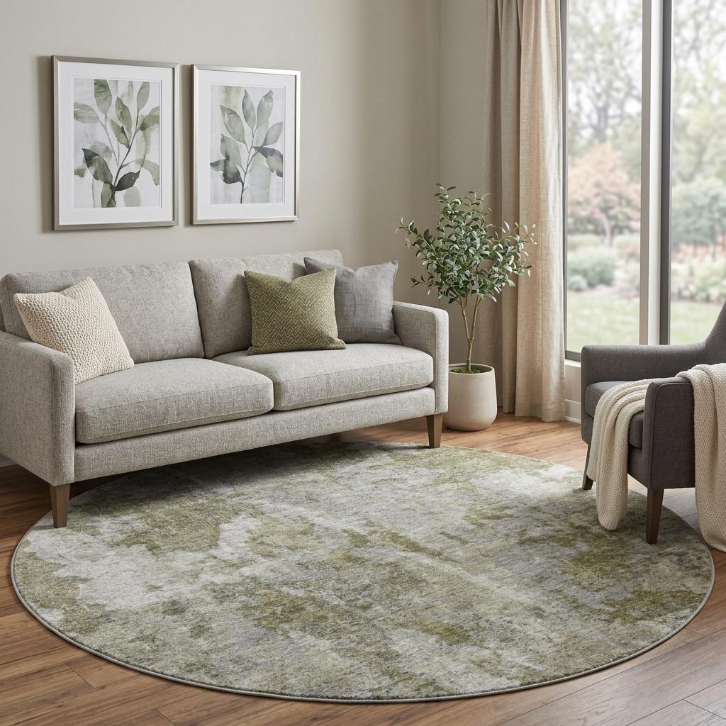 8' Beige And Taupe Abstract Shag Washable Round Rug With UV Protection - HomeRoots - Flyclothing LLC
