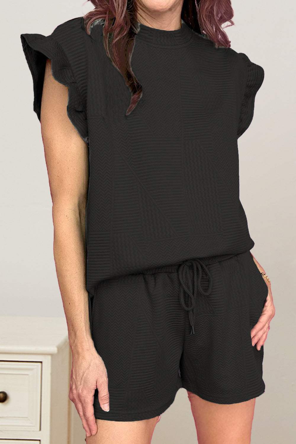 Slit Round Neck Top and Drawstring Shorts Set - Trendsi - Flyclothing LLC