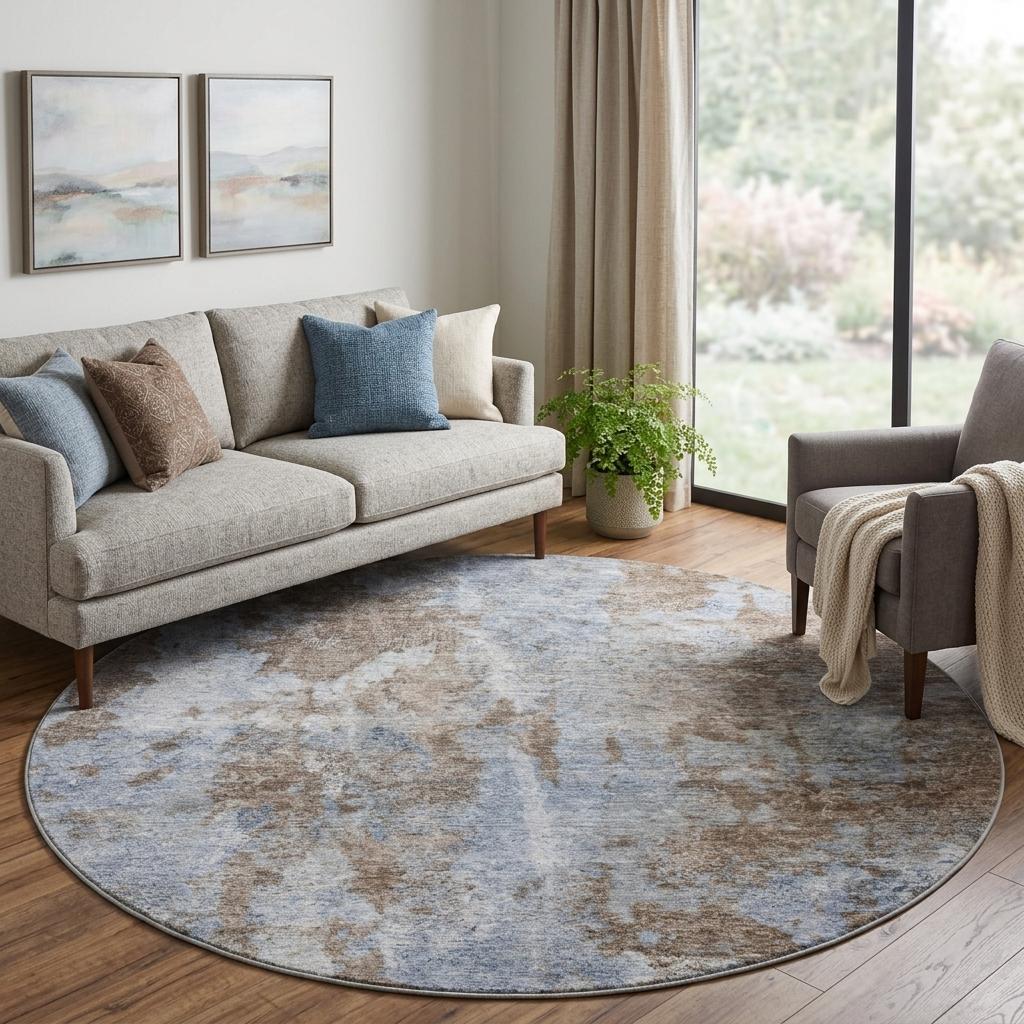 8' Brown And Taupe Abstract Shag Washable Round Rug With UV Protection - HomeRoots - Flyclothing LLC